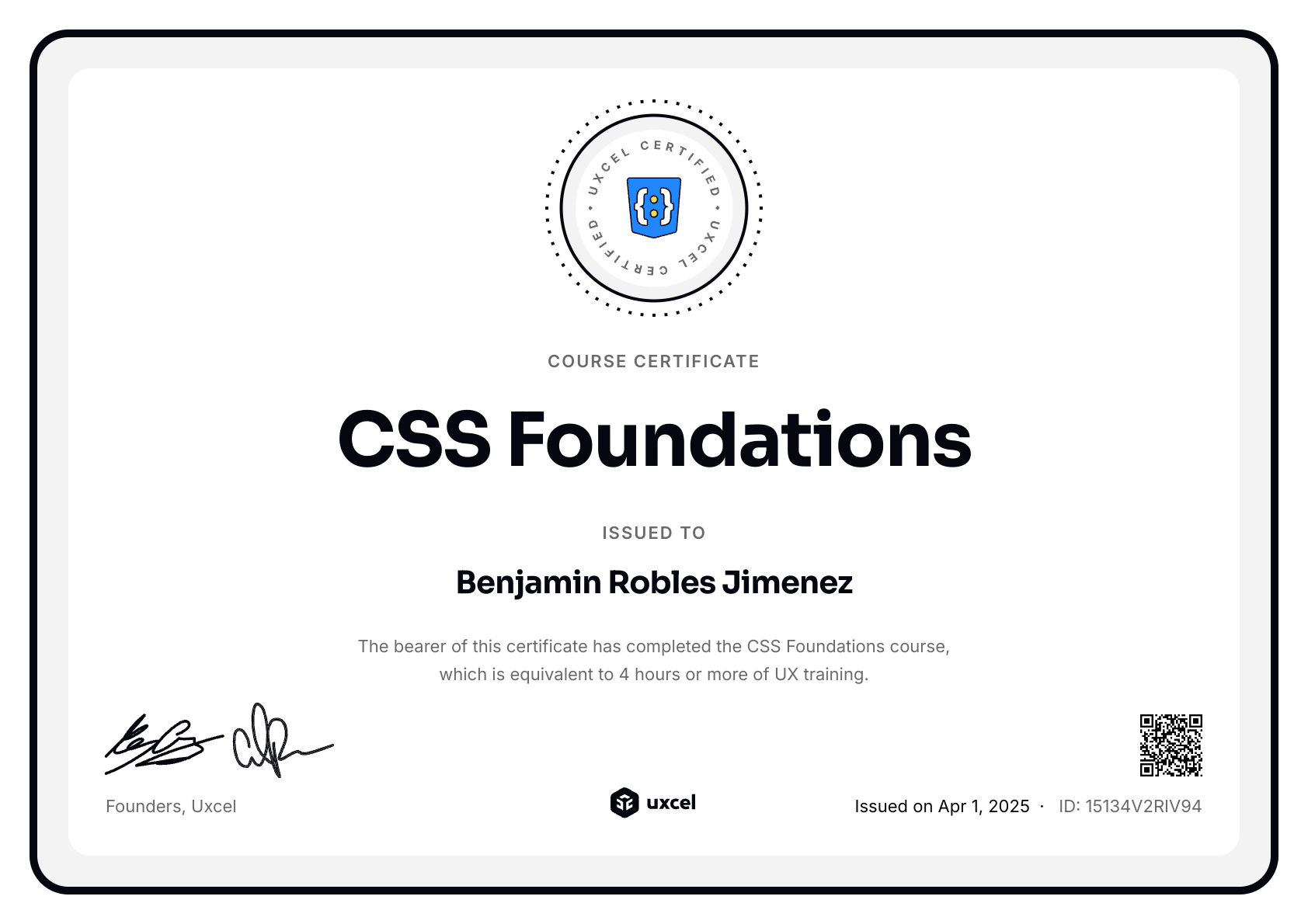 Benjamin Robles Jimenez's certificate